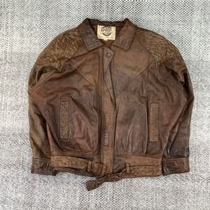 Vintage G-III Global Identity Brown Leather Bomber Jacket Elephant Print Small